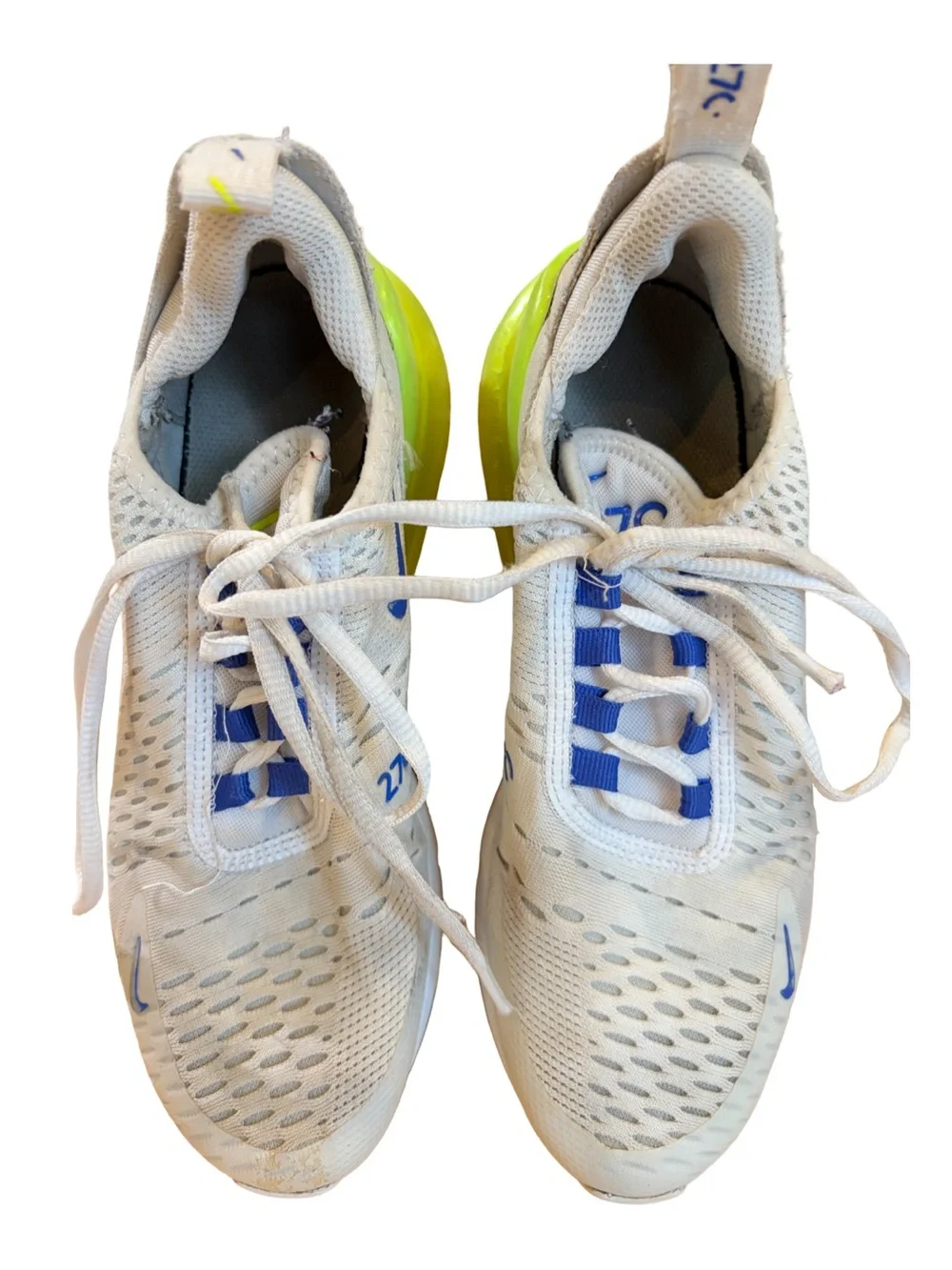 Nike White Sneakers with Blue Swoosh and Neon Green Air Heel